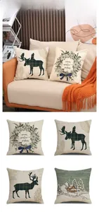 Christmas wreath cushion covers set of four in rustic linen with warm winter holiday patterns