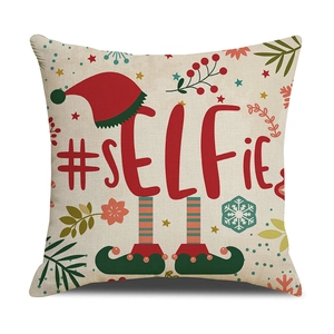 Christmas selfie pillow cover with red festive typography and cotton linen texture