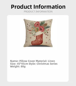 Detailed view of 45x45cm linen Christmas pillowcase with festive floral and pinecone prints