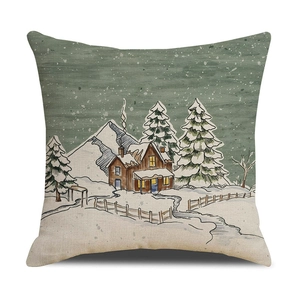 Linen Christmas pillow cover with snowy cabin and pine trees winter forest scene