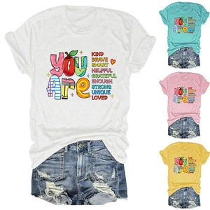 Detail of colorful inspirational text prints on casual round neck cotton t-shirts