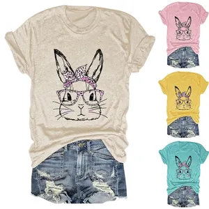 Women Casual T-Shirt Cotton Blend Short Sleeve Round Neck Fun Rabbit Graphic Print Leopard Glasses Design Fashion Top