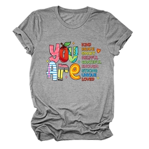 Detail of grey short sleeve tee featuring colorful inspirational text typography design