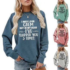 Women Casual Crewneck Sweatshirt Funny Letter Print Pullover Long Sleeve Cotton Loose Fit Autumn Winter Graphic Jumper Top