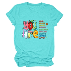 Detail of colorful inspirational text print on teal short-sleeve crew neck t-shirt