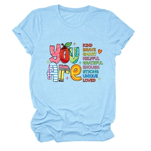 Light blue crew neck T-shirt featuring You Are Kind Brave colorful text print