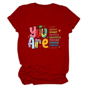 Detail of soft cotton dark red crew neck t-shirt with colorful motivational text print