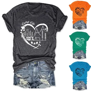 Γυναικείο T-Shirt Με Σχέδιο Καρδιά Camp Life Βαμβακερό Μείγμα Στρογγυλή Λαιμόκοψη Κοντομάνικο Casual Χαλαρό Τοπ