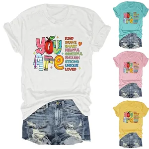 Women Inspirational Letter Print T-Shirt Round Neck Short Sleeve Loose Fit Casual Cotton Blend Graphic Top