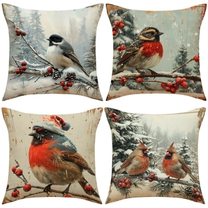 Christmas Bird Floral Print Cushion Covers Linen Blend Winter Holiday Home Decor For Sofa Couch Square Pillowcases