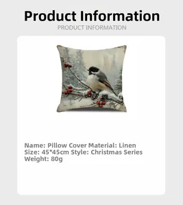 Linen Christmas pillowcase with bird pattern, size 45x45cm and 80g weight specifications