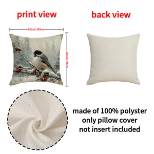 Christmas pillow cover with bird and berry print, 18x18 inch linen texture polyester