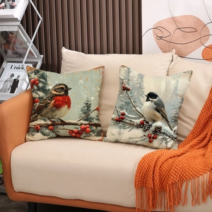 Winter bird print linen pillowcase set with red berries on a warm beige background