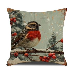 Christmas linen pillowcase with festive red robin, snow branches and red berries pattern