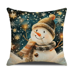 Linen Christmas pillow case featuring a cute hand-painted snowman with blue background
