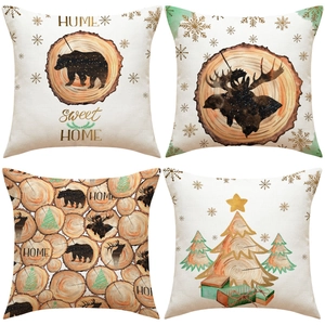 Linen Christmas Pillowcase Decorative Cushion Cover For Sofa Home Sweet Home Print Bear Elk Wood Grain Rustic Style