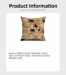 Detailed specs of linen 45x45cm Christmas cushion cover with elk and wood grain print
