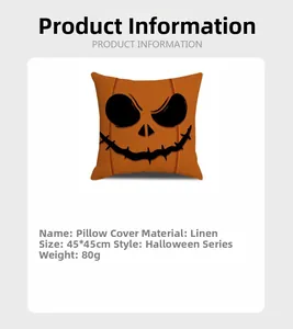 Detailed specs for linen Halloween pumpkin pillowcase with Jack Skellington face