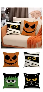 Set of four Halloween pillow covers featuring pumpkin, mummy, and black cat motifs