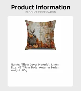Detail of 45x45cm autumn linen pillowcase with maple leaves and pumpkin print