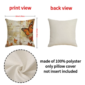 Linen texture throw pillow cover with autumn maple leaf and butterfly vintage print