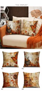 Detailed view of four linen pillow covers featuring vintage autumn leaves and animal prints