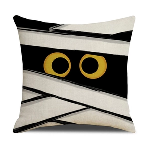 Square Halloween mummy throw pillow cover with yellow eyes and bandage pattern decor