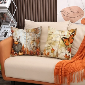 Autumn vintage linen pillow covers with pumpkin, rabbit, and butterfly print on beige sofa