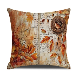 Vintage autumn cushion cover with bird and maple leaf print on linen textured fabric