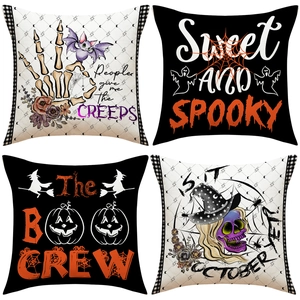 Halloween Cushion Cover Faux Linen Printed Skull Pumpkin Ghost For Sofa Living Room Decor Spooky Festive Pillowcase