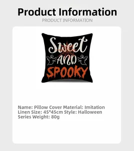Detailed specs for faux linen Halloween pillowcase with Sweet and Spooky web design
