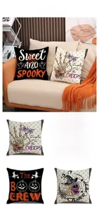 Macro detail of four Halloween linen pillow covers with spooky festive illustrations