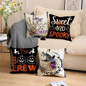 Set of 4 Halloween throw pillow covers with spooky linen prints for sofa decor