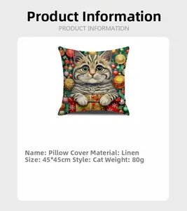 Dettaglio federa in lino con gatto, dimensioni 45x45cm e design natalizio con pacco regalo