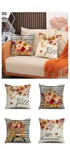 Detail of four fall cushion covers with linen texture, floral and pumpkin designs