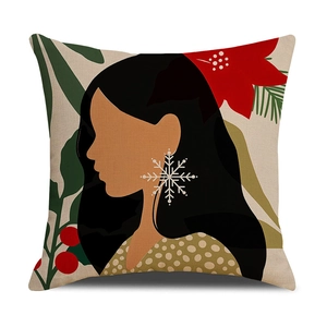 Modern linen pillow cover with vintage abstract female portrait and floral art design