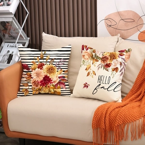 Linen autumn throw pillow covers featuring pumpkins and Hello Fall text for sofa decor