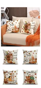 Detailed view of four autumn-themed pillow covers featuring pumpkins and maple leaves