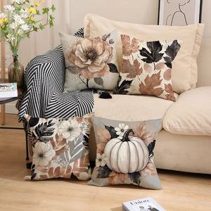 Set of 4 autumn pumpkin and maple leaf linen pillow covers for fall living room decor