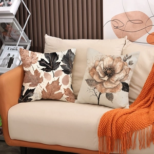 Linen autumn throw pillow covers with pumpkin maple leaf prints for Thanksgiving home decor