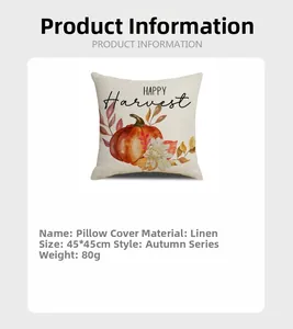 Linen pumpkin throw pillow case 45x45cm with Happy Harvest autumn leaf print details