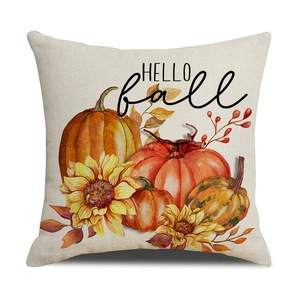 Hello Fall pumpkin and sunflower decorative autumn linen pillow cover for home sofa