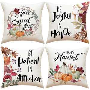 Vierer-Set Herbstkissenbezüge aus Leinen mit Kürbis- und Ahornblatt-Aquarellmotiven