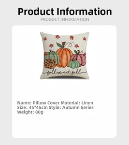 Detail of linen autumn pillowcase with pumpkin pattern and Fall Sweet Fall text print