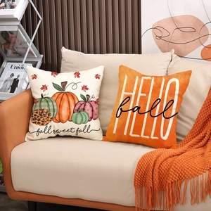 Set of two Thanksgiving pumpkin throw pillow covers with Fall Sweet Fall and Hello Fall text
