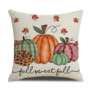 Square autumn throw pillow with various pumpkins and Fall Sweet Fall text on white background