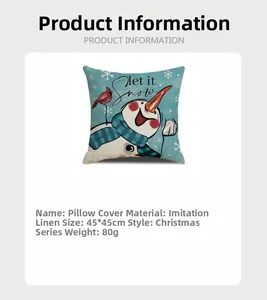 Detailed view of 45x45cm Christmas linen pillowcase specifications with snowman print