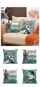 Detailed view of four linen Christmas pillow covers with snowman and plaid bow designs