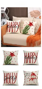 Detail view of 4 Christmas linen pillowcases with festive snowman and holly jolly prints