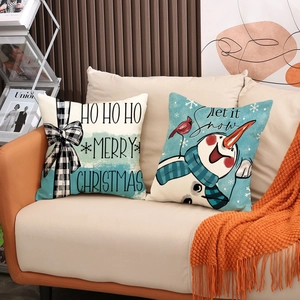 Winter Christmas linen pillow covers set with snowman and Merry Christmas festive prints